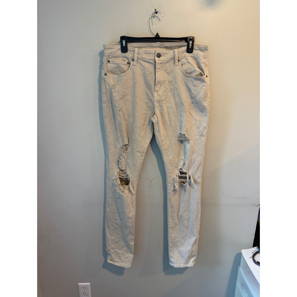 American Eagle Airflex+ Distressed Slim Jeans Cream Khaki‎ 34x34 Real Good Mens